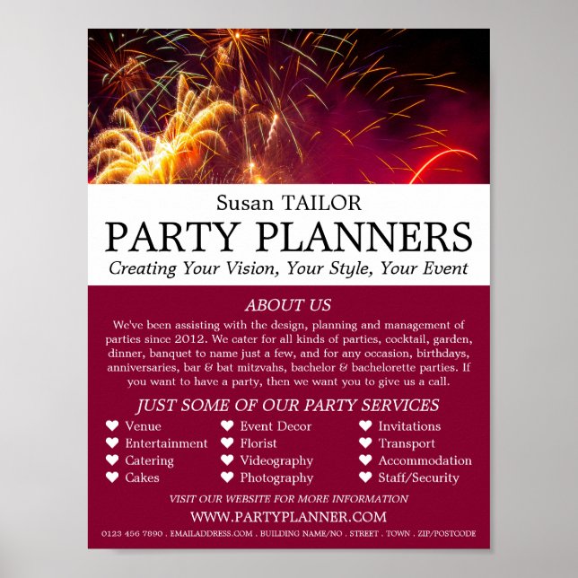Firework Display, Party Event Planner Advertising Poster (Front)