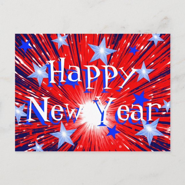 Firework Red White Blue 'Happy New Year' postcard (Front)