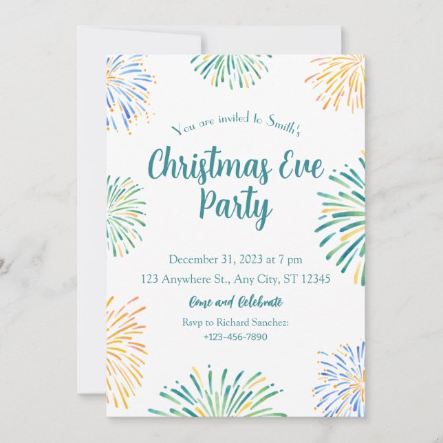 Firework Watercolor fun Christmas party invitation (Front)