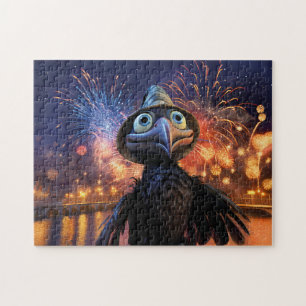 Firework Wonder Raven Watching Night Sky In Styliz Jigsaw Puzzle