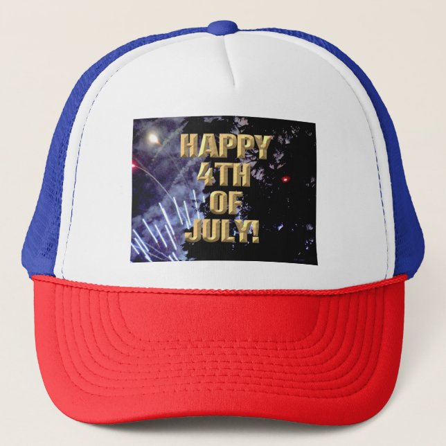 Fireworks 1 4th of July red white blue trucker hat (Front)