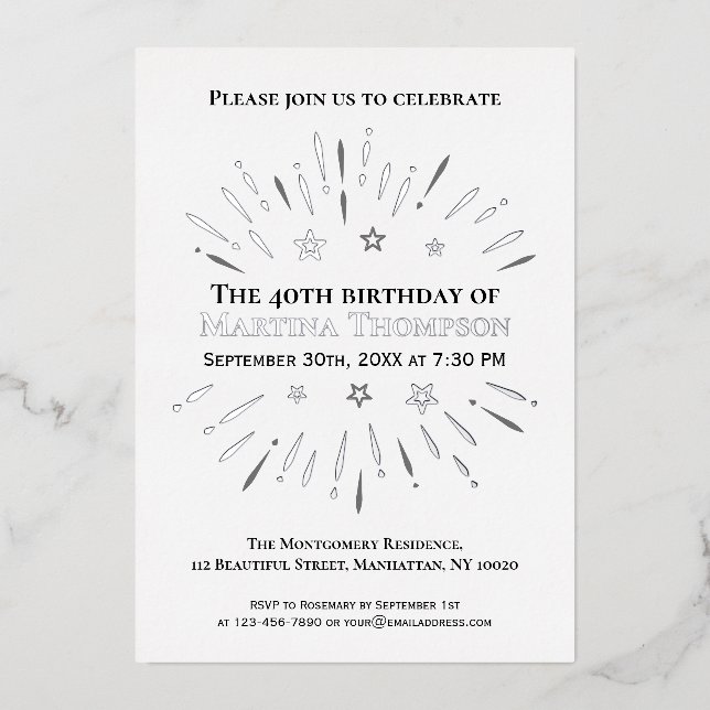 Fireworks 40th Birthday Party Black White Grey (Front)