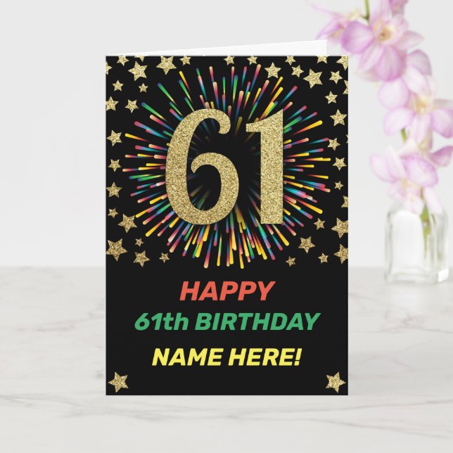 Fireworks 61st Birthday Rainbow Gold Greeting Card (Orchid)