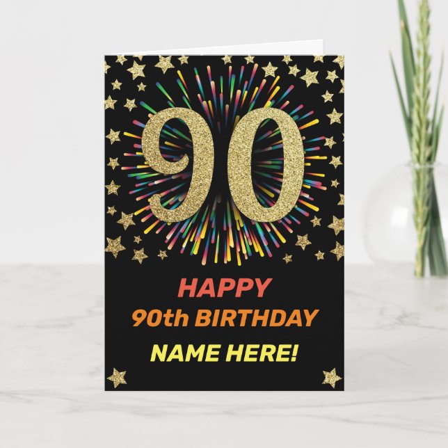 Fireworks 90th Birthday Colorful Rainbow Gold Card (Front)