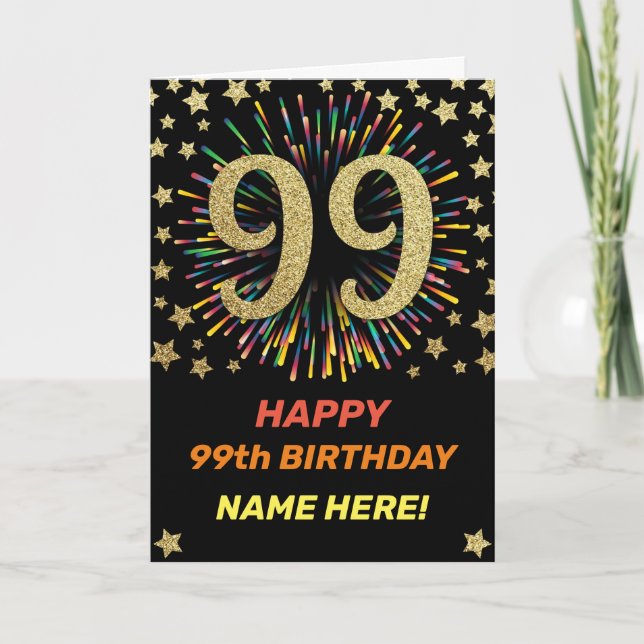 Fireworks 99th Birthday Colorful Rainbow Gold Card (Front)