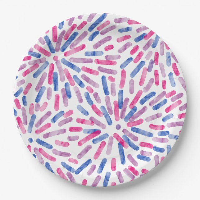 Fireworks Abstract Bi Pride Flag Pink Purple Blue Paper Plate (Front)