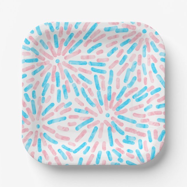 Fireworks Abstract Trans Pride Flag Pink Blue Paper Plate (Front)