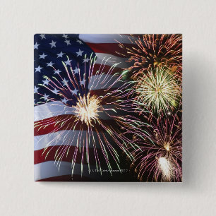 Fireworks and American flag 15 Cm Square Badge