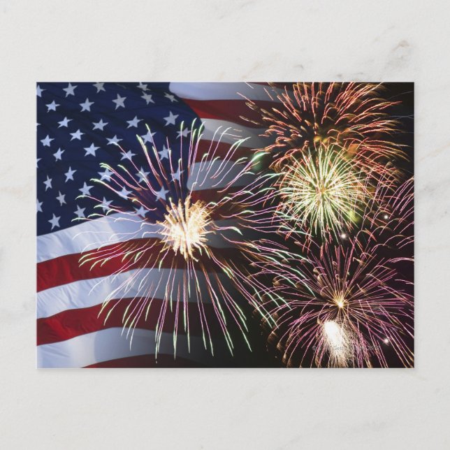 Fireworks and American flag Postcard (Front)