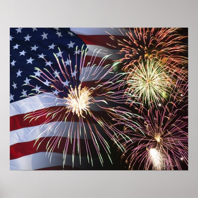 Fireworks and American flag Poster (Front)