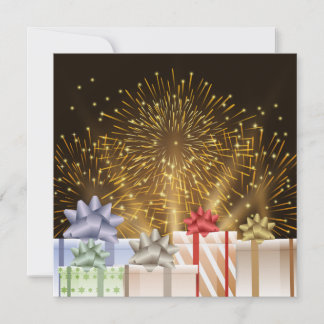 Fireworks and light with gift boxes New year card