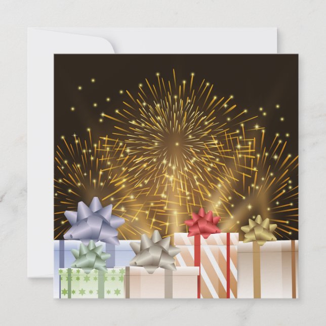 Fireworks and light with gift boxes New year card (Front)