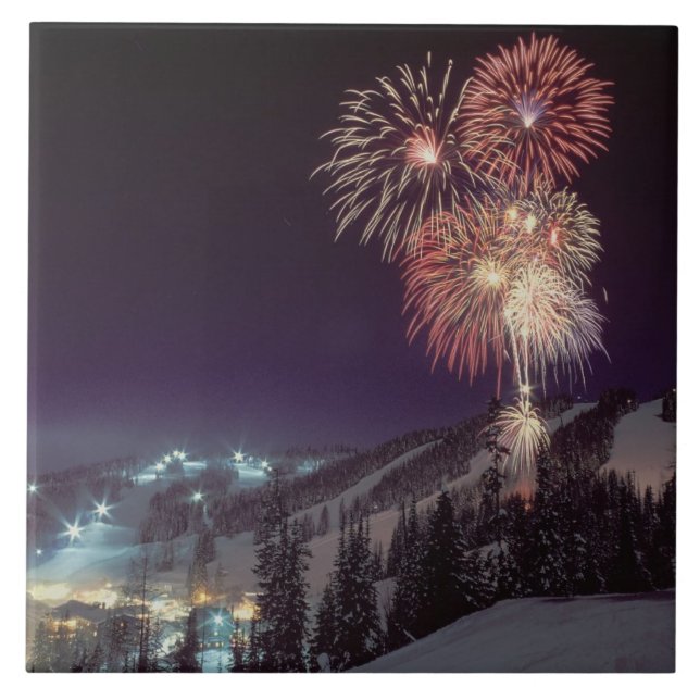 Fireworks at Big Mountain Resort in Whitefish, Ceramic Tile (Front)