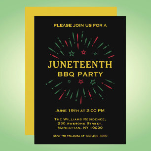 Fireworks Black Red Green Yellow Juneteenth BBQ Invitation