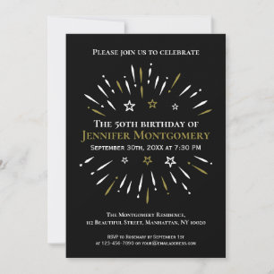 Fireworks Black White Gold 50th Birthday Party Invitation