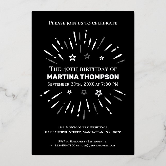 Fireworks Black White Grey 40th Birthday Party (Front)