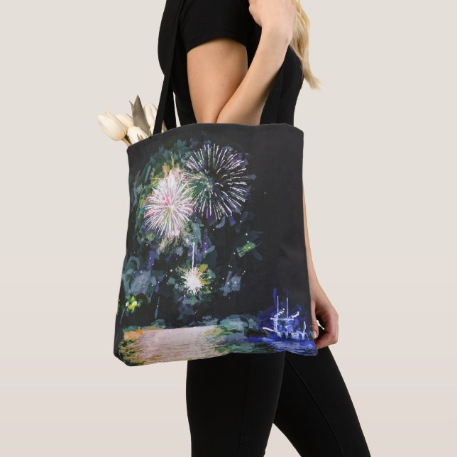 Fireworks Boat Artsy Watercolor Ocean Tote Bag (Close Up)