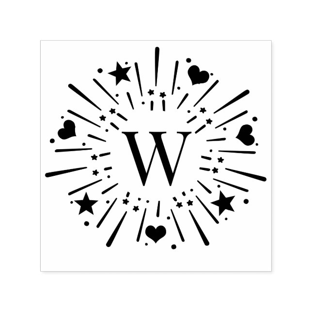 Fireworks Burst Stars Hearts Centre 1 Initial #2 Self-inking Stamp (Design)