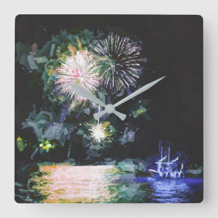 Fireworks Celebrate Boat Watercolor Caribbean Sea Square Wall Clock