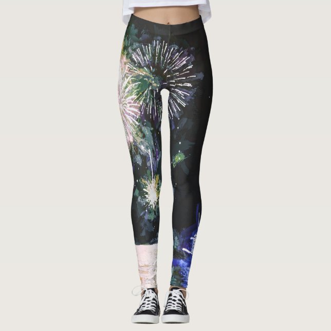 Fireworks Celebrate Boat Watercolor Ocean  Leggings (Front)