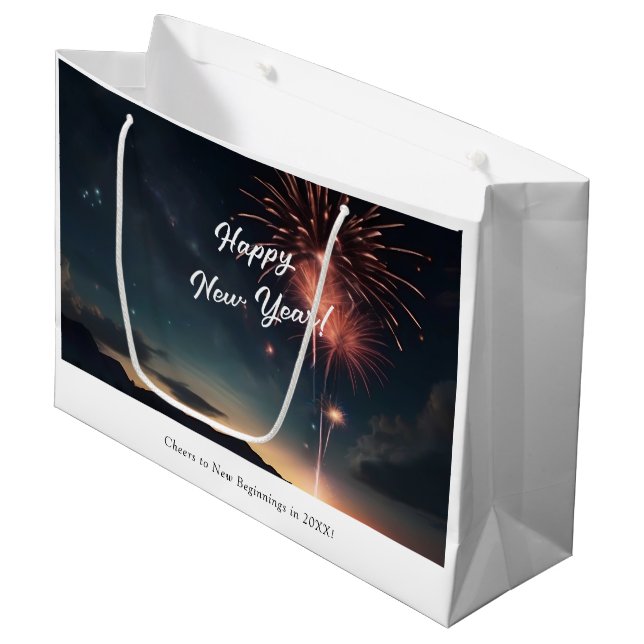 Fireworks Celebration Dark Sky Happy New Year Large Gift Bag (Front Angled)