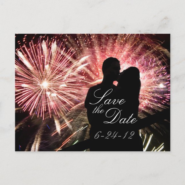 Fireworks Couple Kissing Silhouette Announcement Postcard (Front)