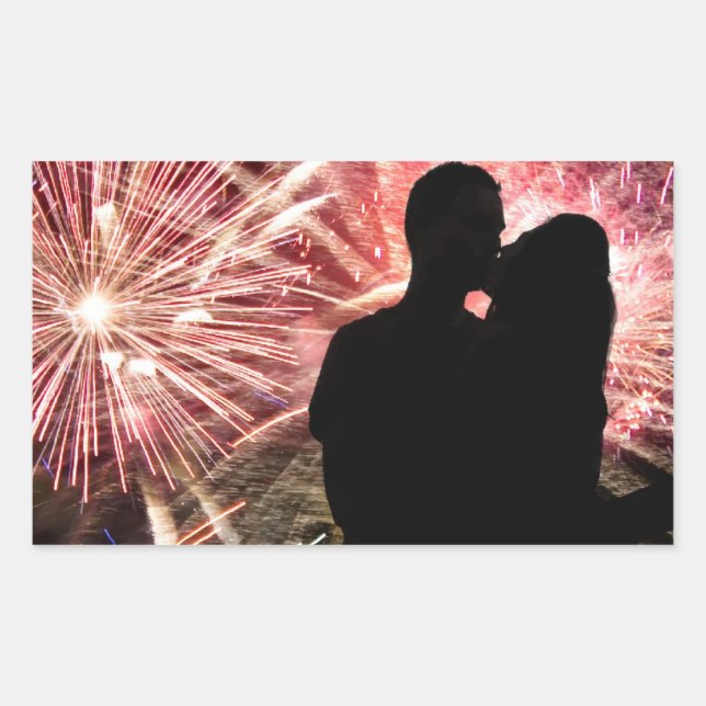 Fireworks Couple Kissing Silhouette Rectangular Sticker (Front)