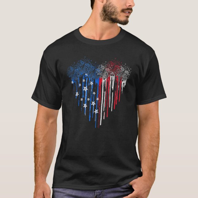 Fireworks Dripping Heart American Flag Patriotic 4 T-Shirt (Front)