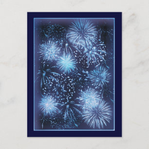 Fireworks exploding blue sky postcard
