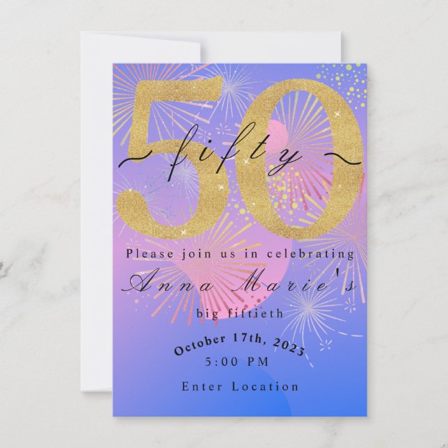  Fireworks Fiftieth Birthday Card/Invitation  Thank You Card (Front)