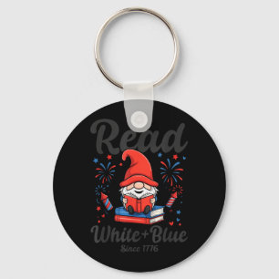 Fireworks Gnome Patriotic Bookworm Read White Blue Key Ring
