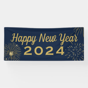 Fireworks Gold Blue 2025 Happy New Year Party Banner