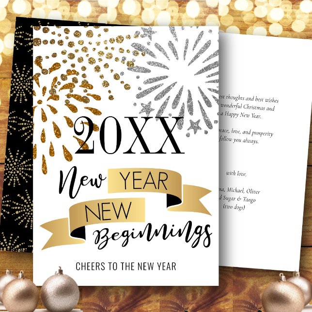 Fireworks Gold Glitter New Year New Beginnings Holiday Card (Creator Uploaded)