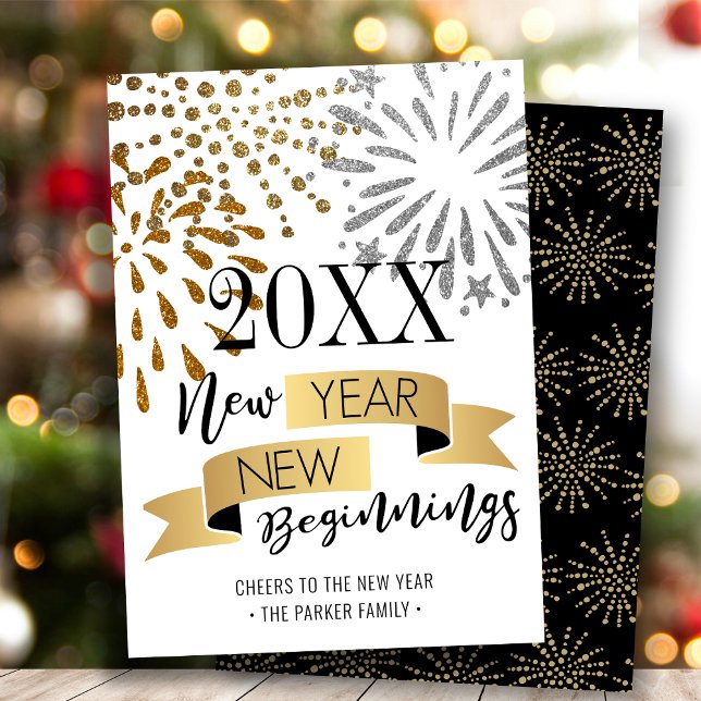 Fireworks Gold Glitter New Year New Beginnings Holiday Card (Creator Uploaded)