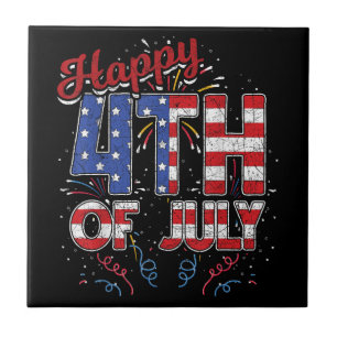 Fireworks Happy 4th Of July US Flag American 4th O Ceramic Tile