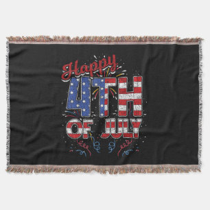 Fireworks Happy 4th of July US Flag American 4th o Throw Blanket