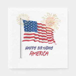 Fireworks Happy Birthday America and Flag Napkin