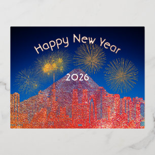 Fireworks in a beautiful city happy new year 2026 foil holiday postcard