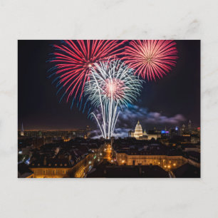Fireworks in night city postcard