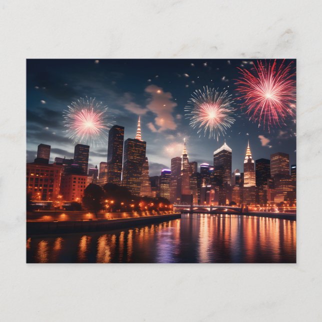 Fireworks in night city postcard (Front)