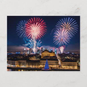 Fireworks in night city postcard