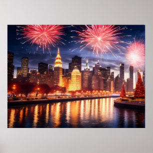 Fireworks in night city poster
