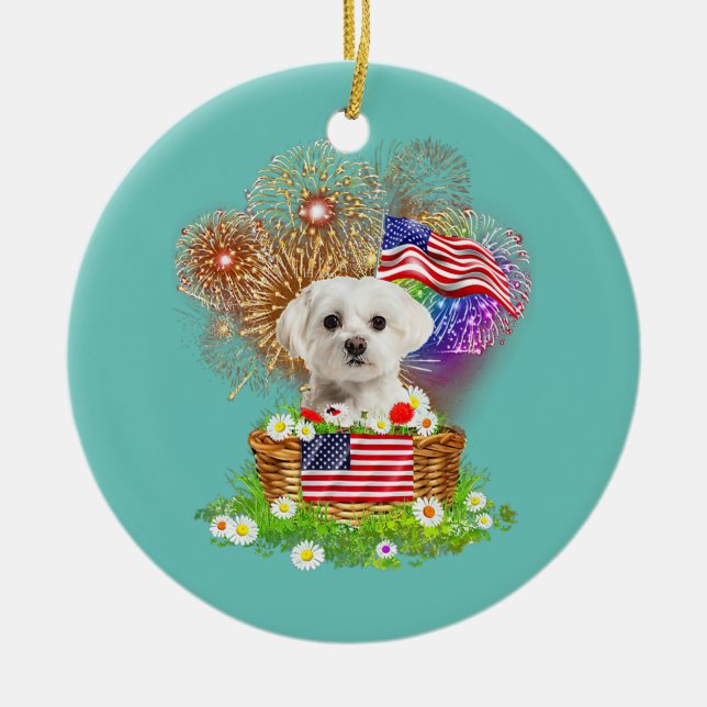Fireworks Maltese Dog 4th Of July USA Flag  Ceramic Ornament (Front)