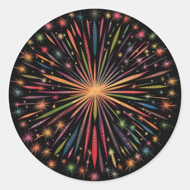 Fireworks Mandala - Rainbow on Black Background Classic Round Sticker