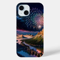 FireWorks Mountain Bridge Village River Landscape