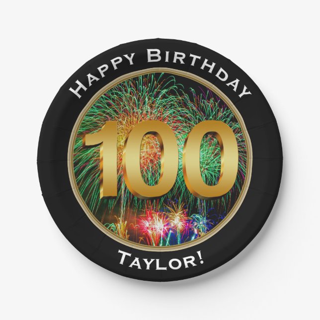 Fireworks One Hundredth 100th Birthday with Name Paper Plate (Front)