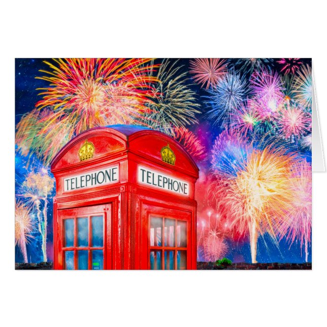 Fireworks Over A British Phone Booth (Front Horizontal)