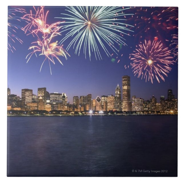 Fireworks over Chicago skyline 2 Ceramic Tile (Front)
