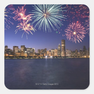 Fireworks over Chicago skyline 2 Square Sticker