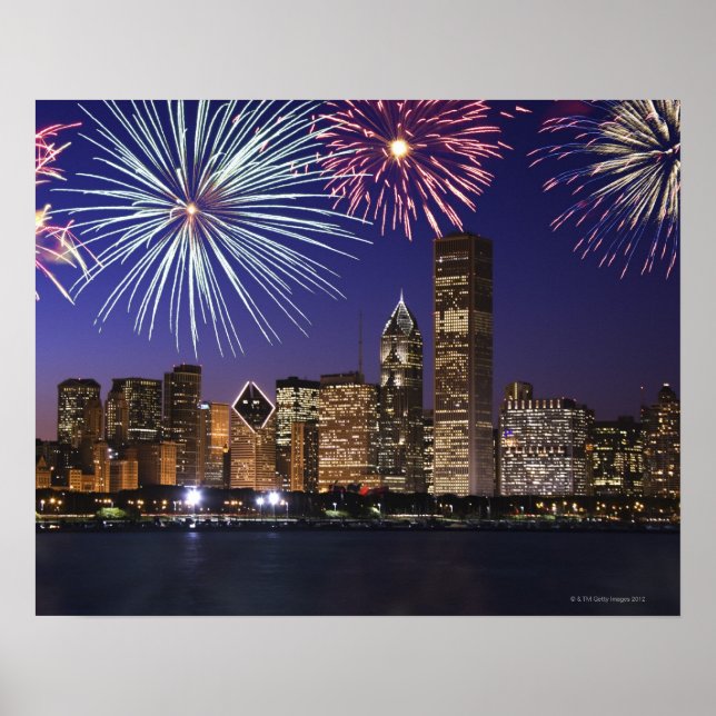 Fireworks over Chicago skyline Poster (Front)